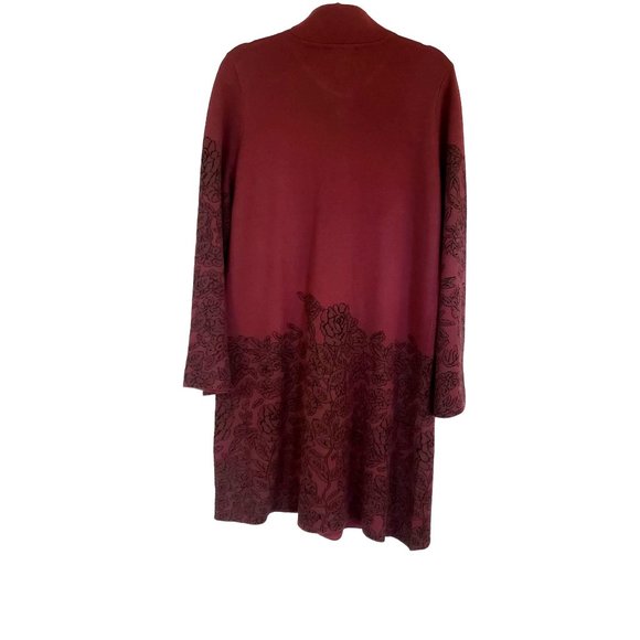 Soft Suroundings coat knit Large button snap bell sleeve maroon black roses - Picture 3 of 15